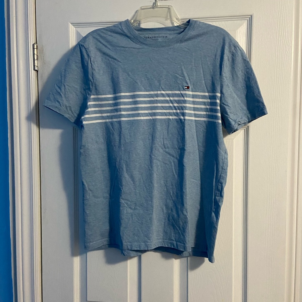 Tommy Hilfiger Women’s Light Blue with White Stripes T-Shirt Size M 100% Cotton